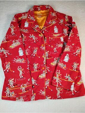 Nick & Nora Womens Flannel Pajama Top Skiing Sock Monkeys Snowmen Size S Red